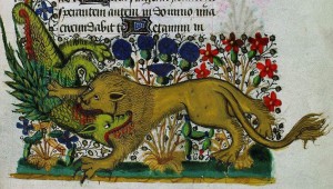 Biblitoheque des Champs Libres - Livre d'heures de Jean de Montauban - Lutte entre un dragon et un lion