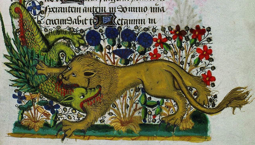 Biblitoheque des Champs Libres - Livre d'heures de Jean de Montauban - Lutte entre un dragon et un lion